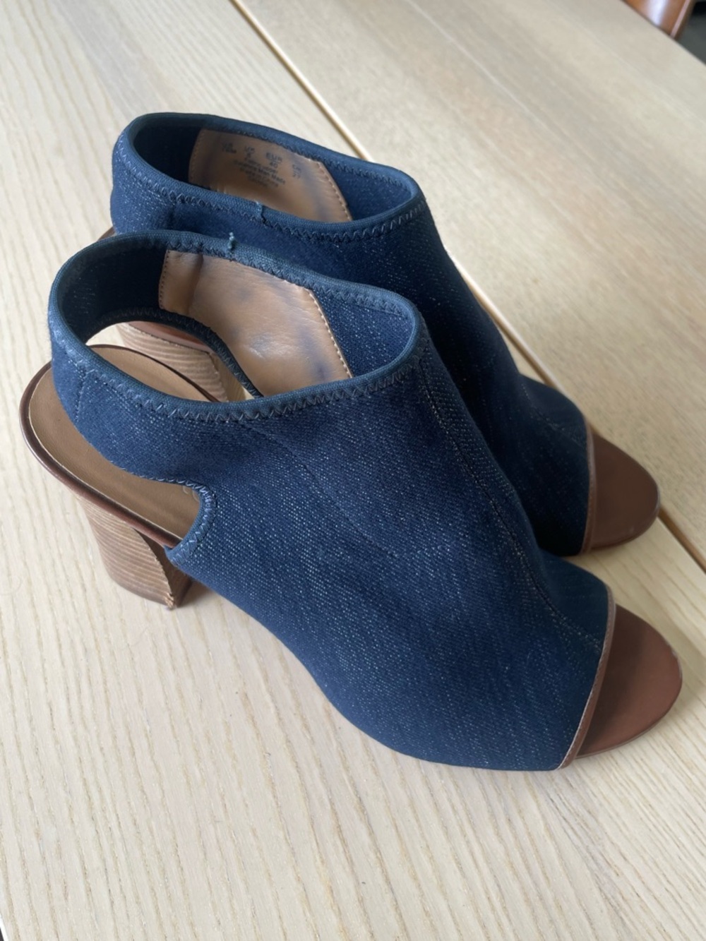 Stretch Denim Style Open-Toe Block Heel Booties -size 10